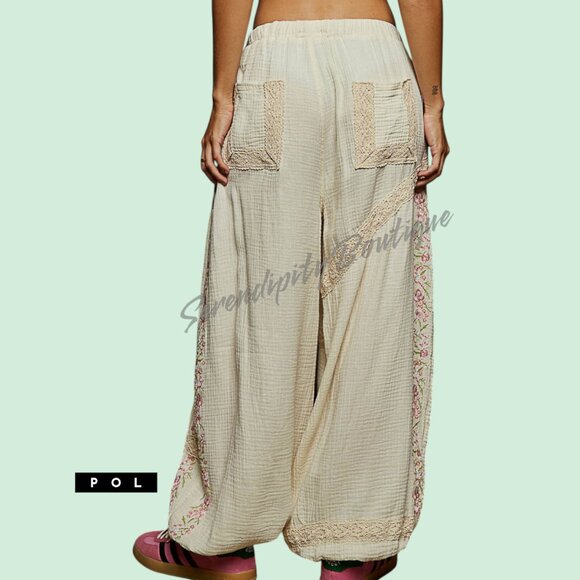 NWOT POL Cream Wide Leg Pants with Pink Embroidery - Picture 6 of 9